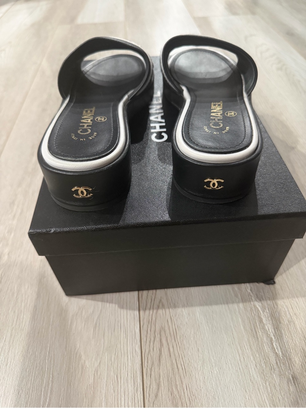 CHANEL Black & White Embroidered Logo Slide Sandals - Picture 3 of 6